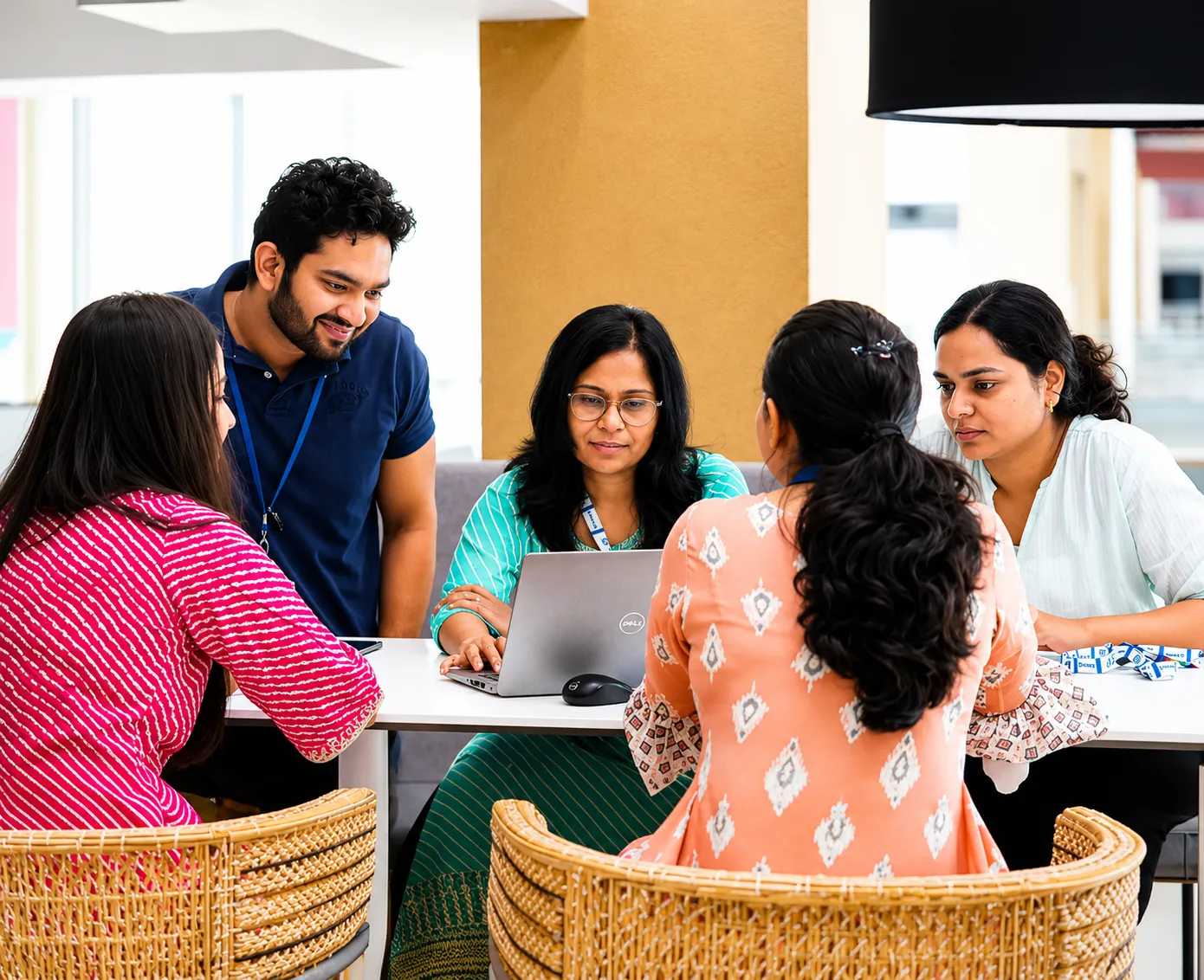 A diverse group of employees collaborating around a desk with laptops