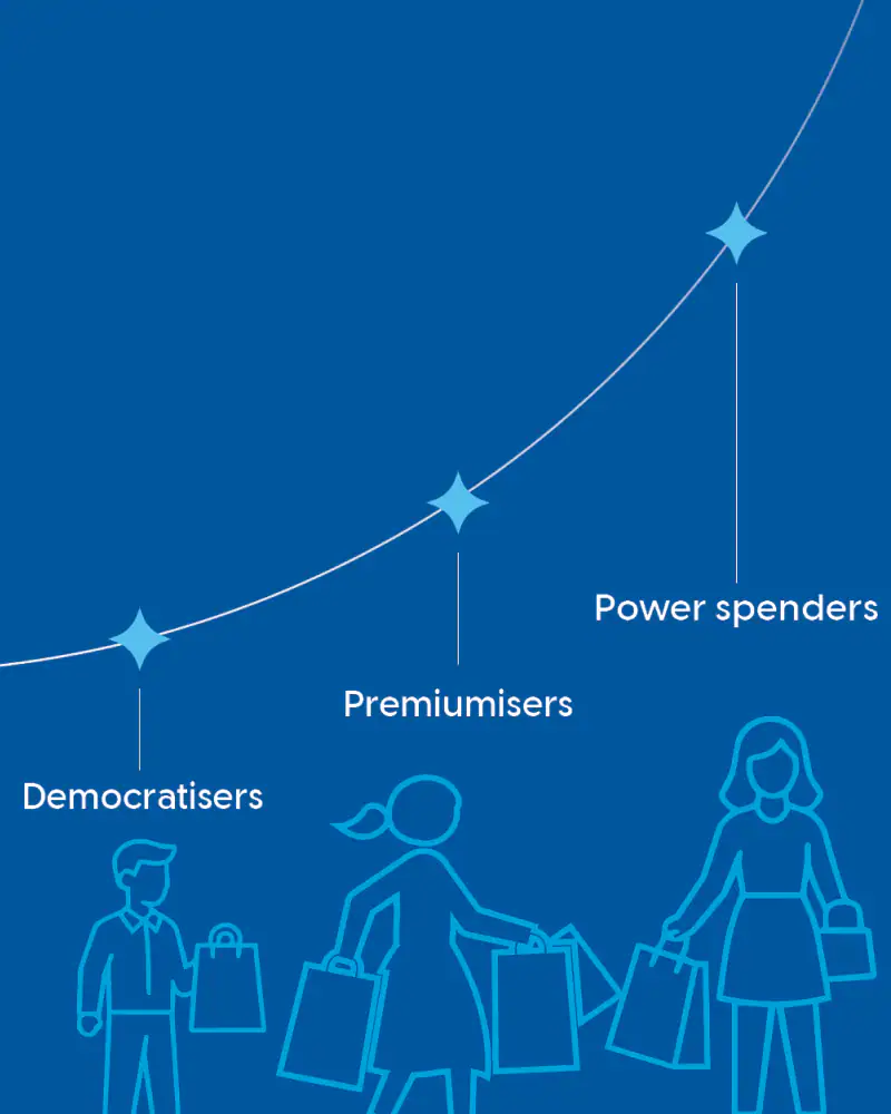 Image showcasing radical segmentation of consumers showing democratisers, premiumisers and power spenders