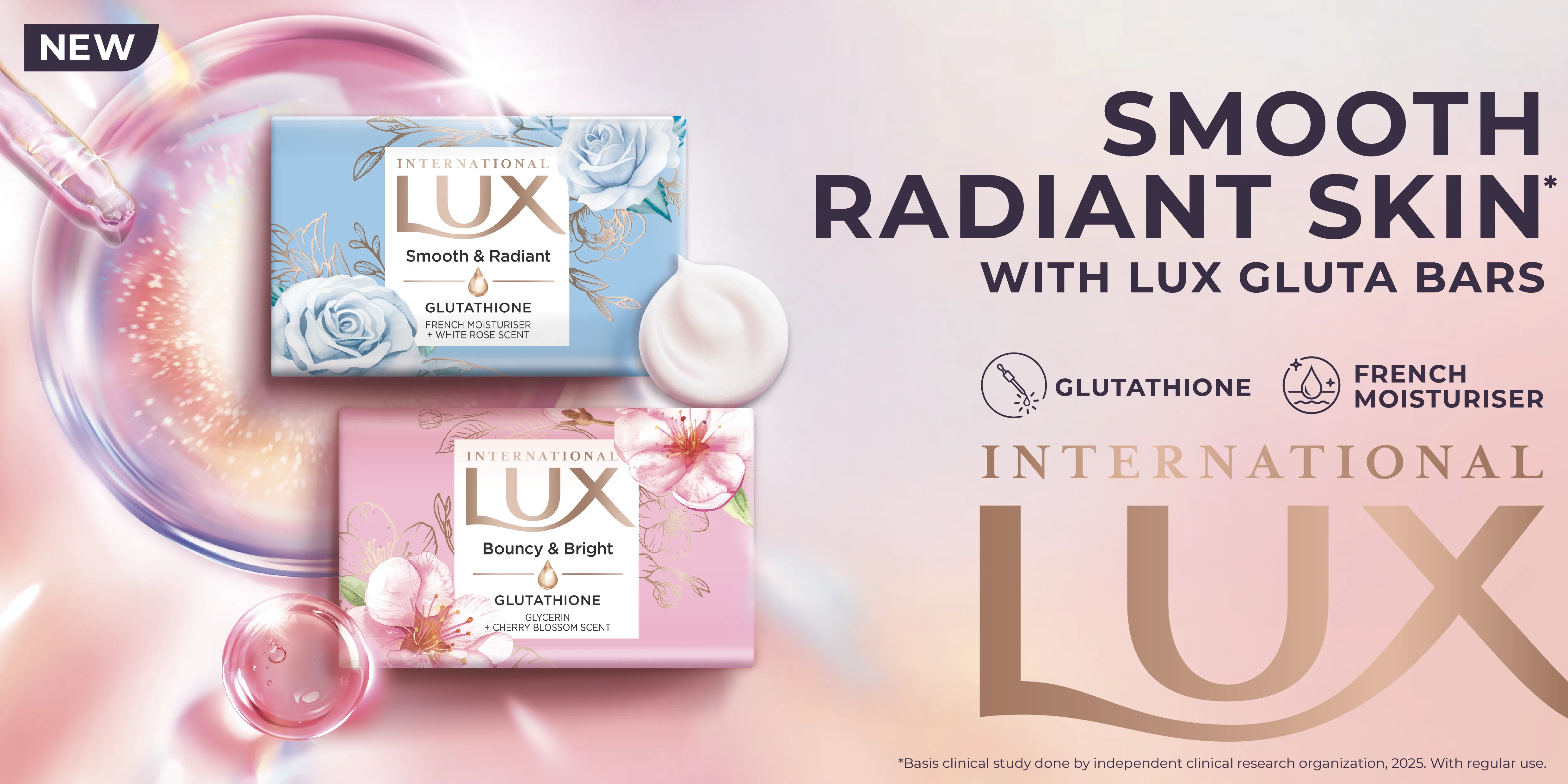 Shows image of LUX soap with a clean and bright background with a orange theme ; on hover the section plays the LUX advertisement in the section; The information box appears at the top right corner with a semi-transparent orange background and U curve at the bottom