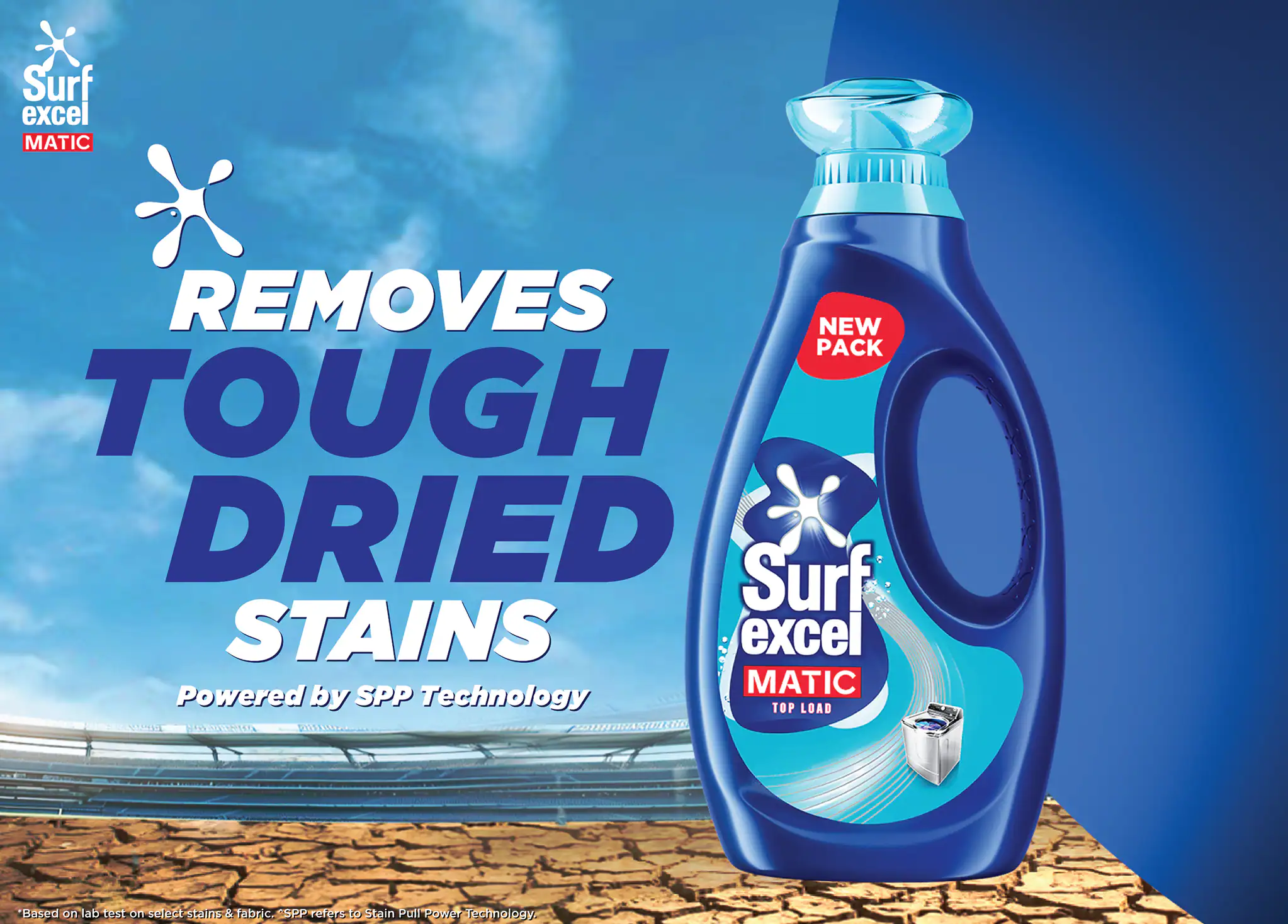 Shows image of surf excel detergent powder with a clean and bright background with a blue theme ; on hover the section plays the surf excel advertisement in the section; The information box appears at the bottom right corner with a semi-transparent blue background